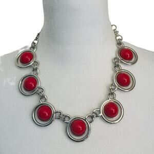 White House Black Market Silver Tone Red 18" Statement Necklace